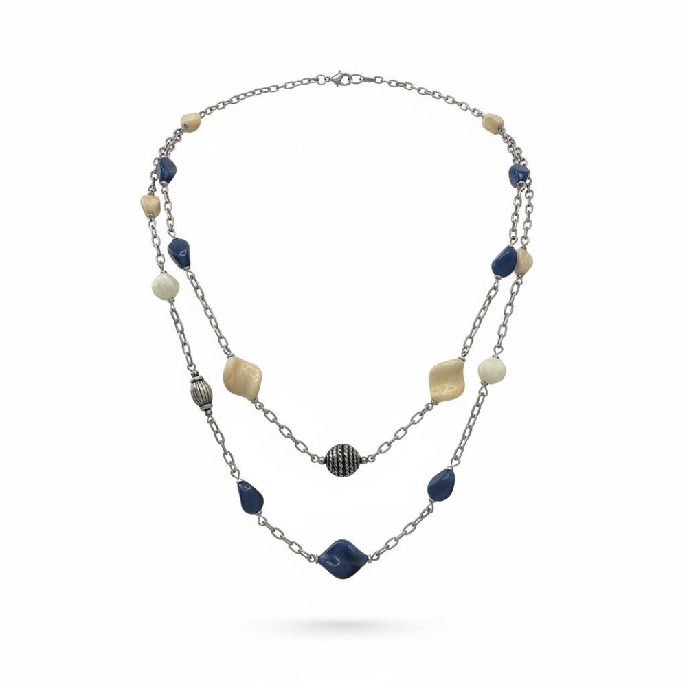 Vintage Double Strand Silver Tone Necklace Blue & Cream Beads